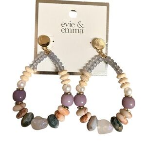 evie & emma beaded teardrop hoop earrings natural , pearls,stone and wood beads